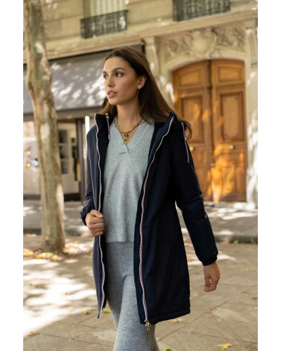 Long fur-lined raincoat with drawstring - Laura Jo - Blue navy