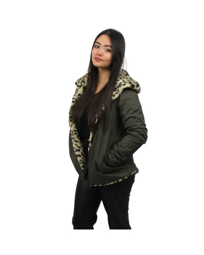 Laura Jo - Short Reversible Waterproof Parka - Khaki / Leopard