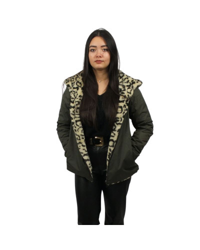 Laura Jo - Short Reversible Waterproof Parka - Khaki / Leopard