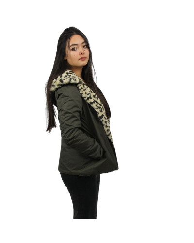 Laura Jo - Short Reversible Waterproof Parka - Khaki / Leopard