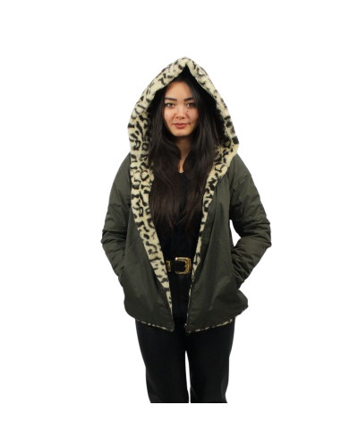 Laura Jo - Short Reversible Waterproof Parka - Khaki / Leopard