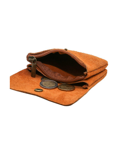 Cherry Paris Suede Cowhide Leather Coin Purse - Camel