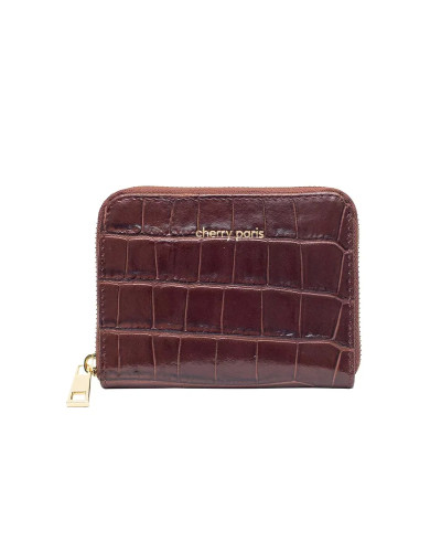 Cherry Paris Crocodile Print Leather Coin Purse - Brown