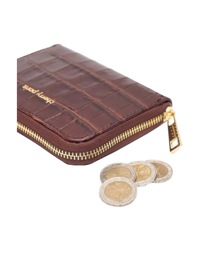 Cherry Paris Crocodile Print Leather Coin Purse - Brown