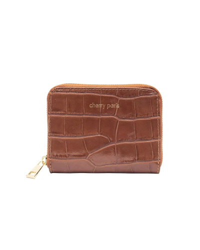 Cherry Paris Crocodile Print Leather Coin Purse - Camel