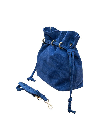 Cherry Paris Cowhide Leather Drawstring Bag - Blue