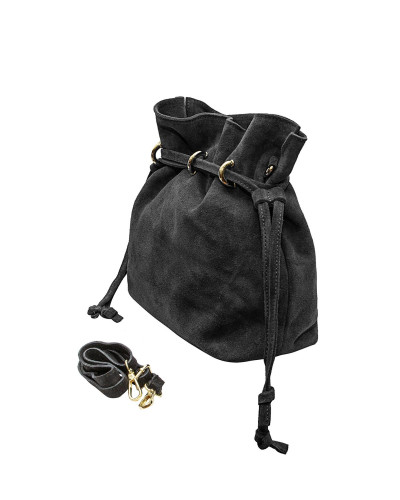 Cherry Paris Cowhide Leather Drawstring Bag - Black