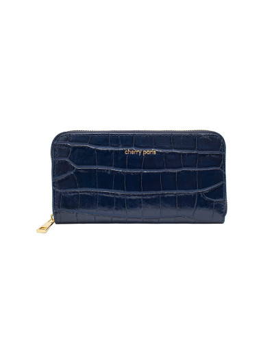 Porte-monnaie en cuir de vachette imprimé croco Cherry Paris - Bleu marine