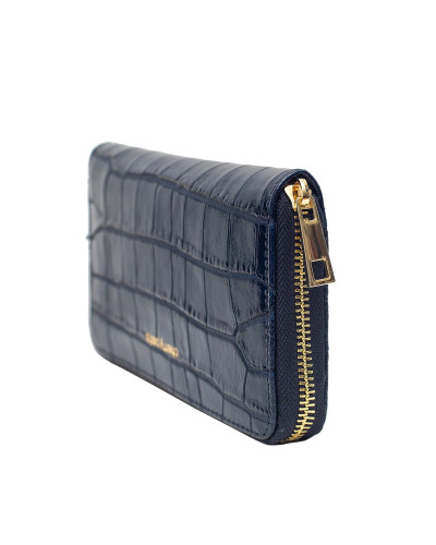 Porte-monnaie en cuir de vachette imprimé croco Cherry Paris - Bleu marine