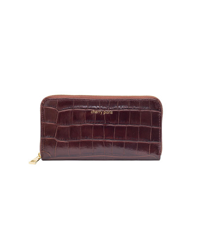 Crocodile print cowhide leather wallet by Cherry Paris - Brown